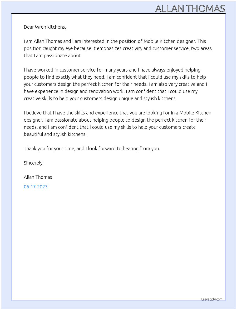 Mobile Kitchen designer At Wren kitchens Cover Letter