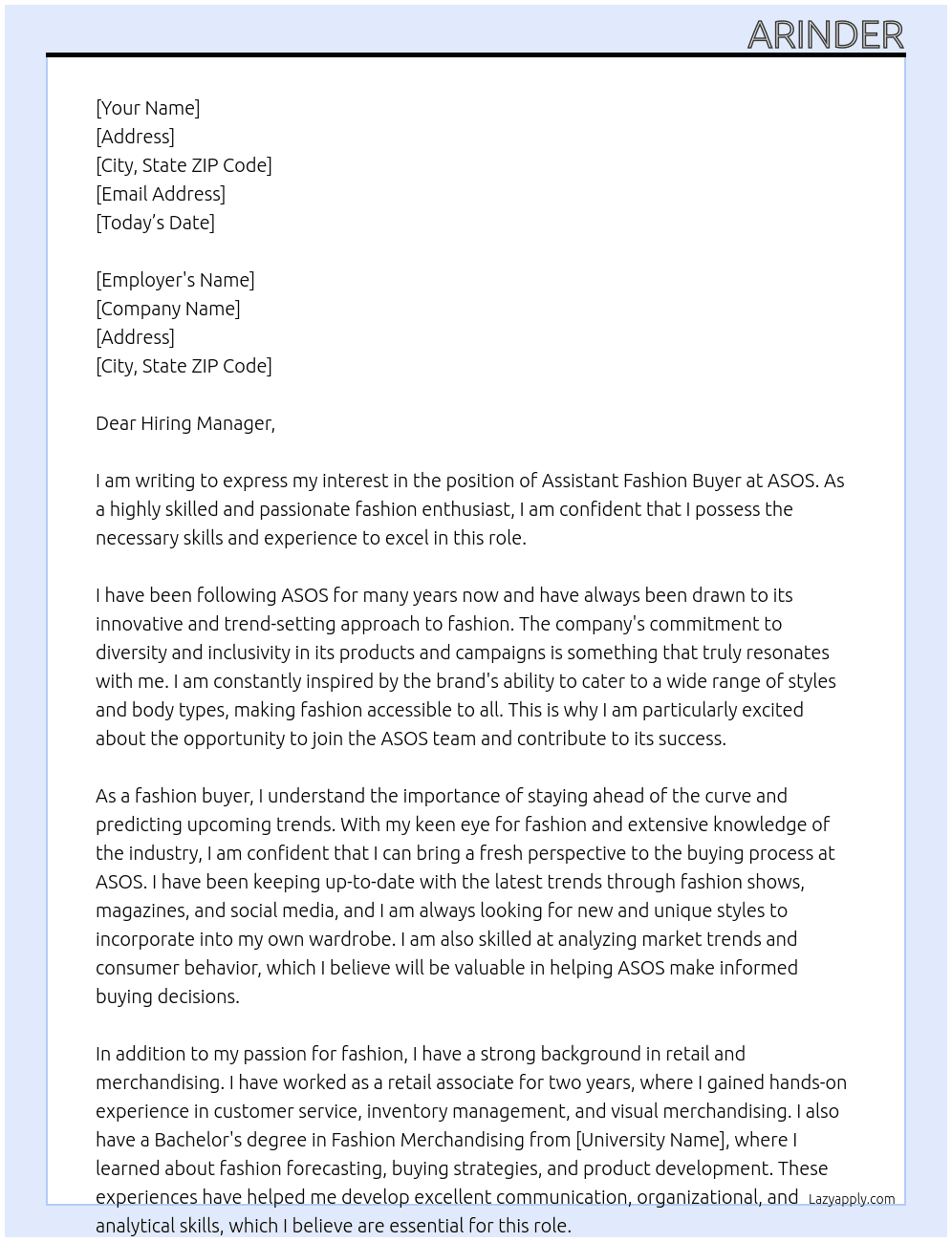 Assistant Fashion Buyer At ASOS Cover Letter
