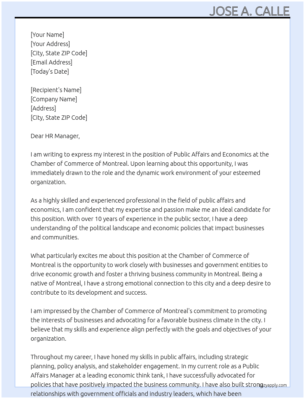 Public Affairs and economics At Chamber of Commerce of Montreal Cover Letter