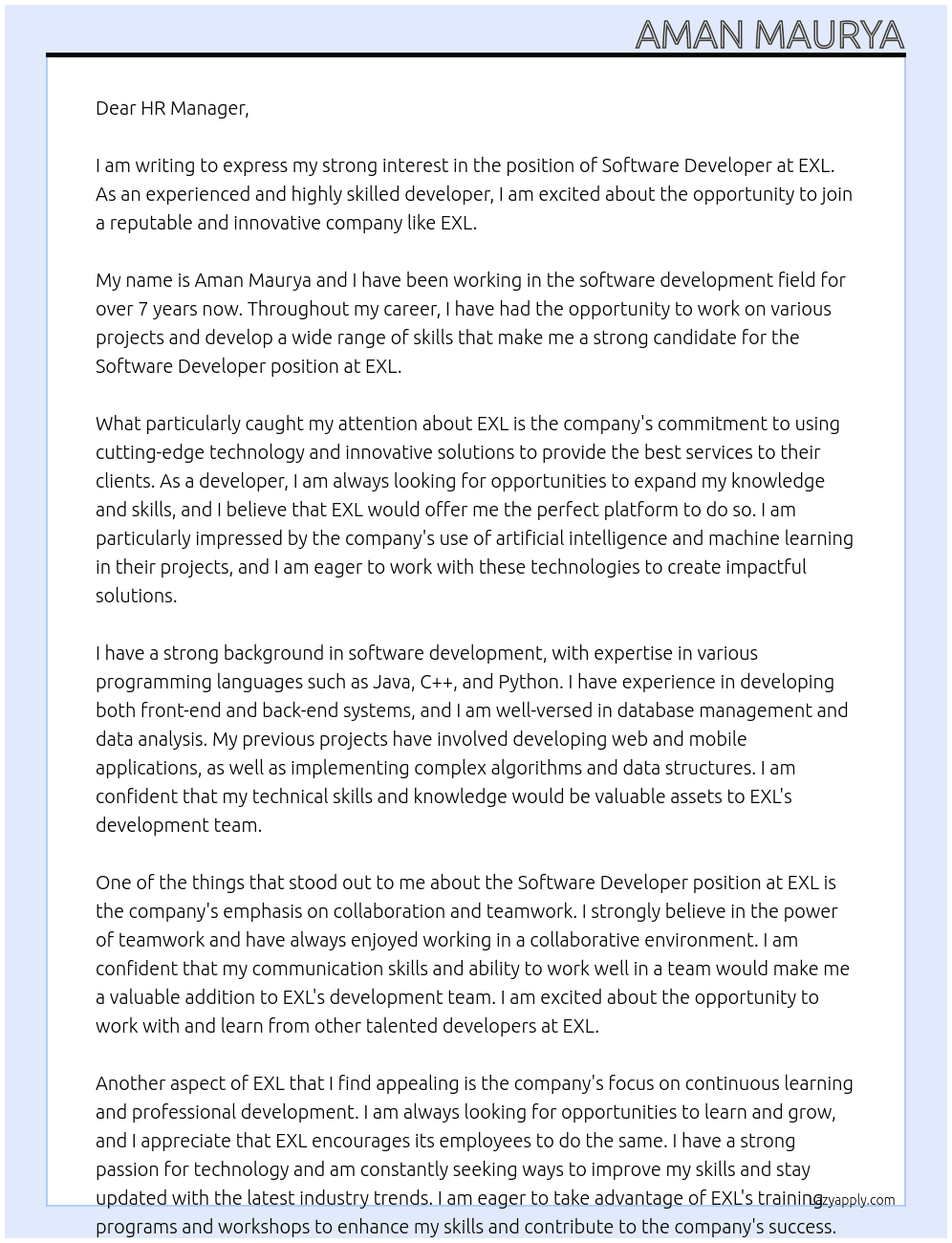 software developer At exl Cover Letter