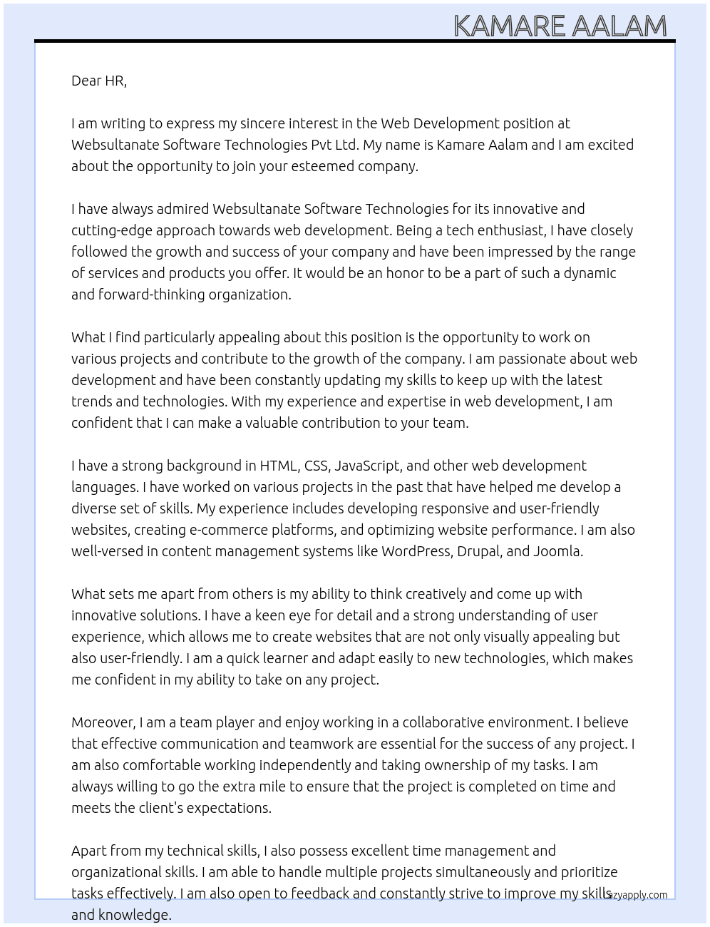 Web development  At Websultanate Software technologies Pvt Ltd  Cover Letter