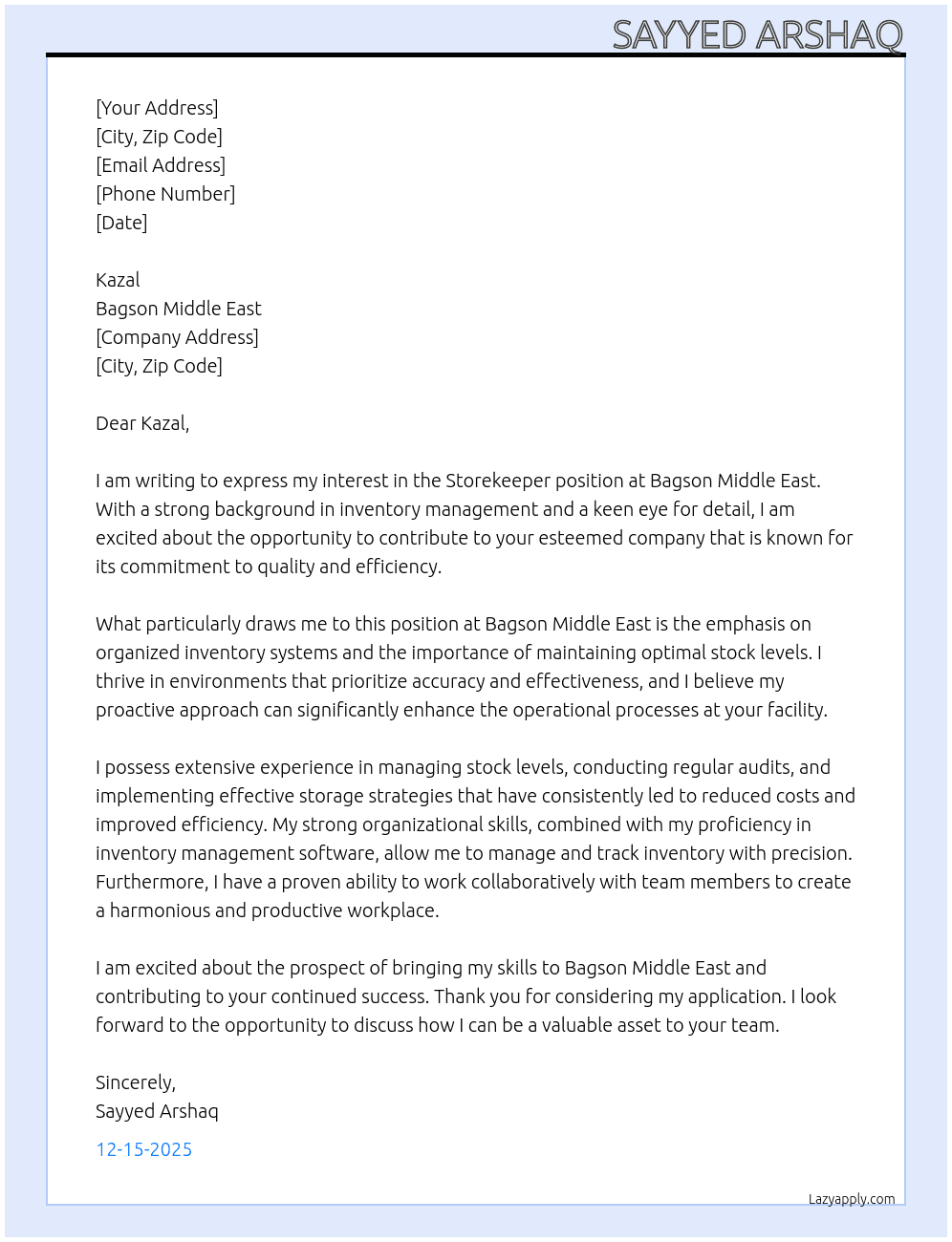 storekeeper At Bagson middle east Cover Letter