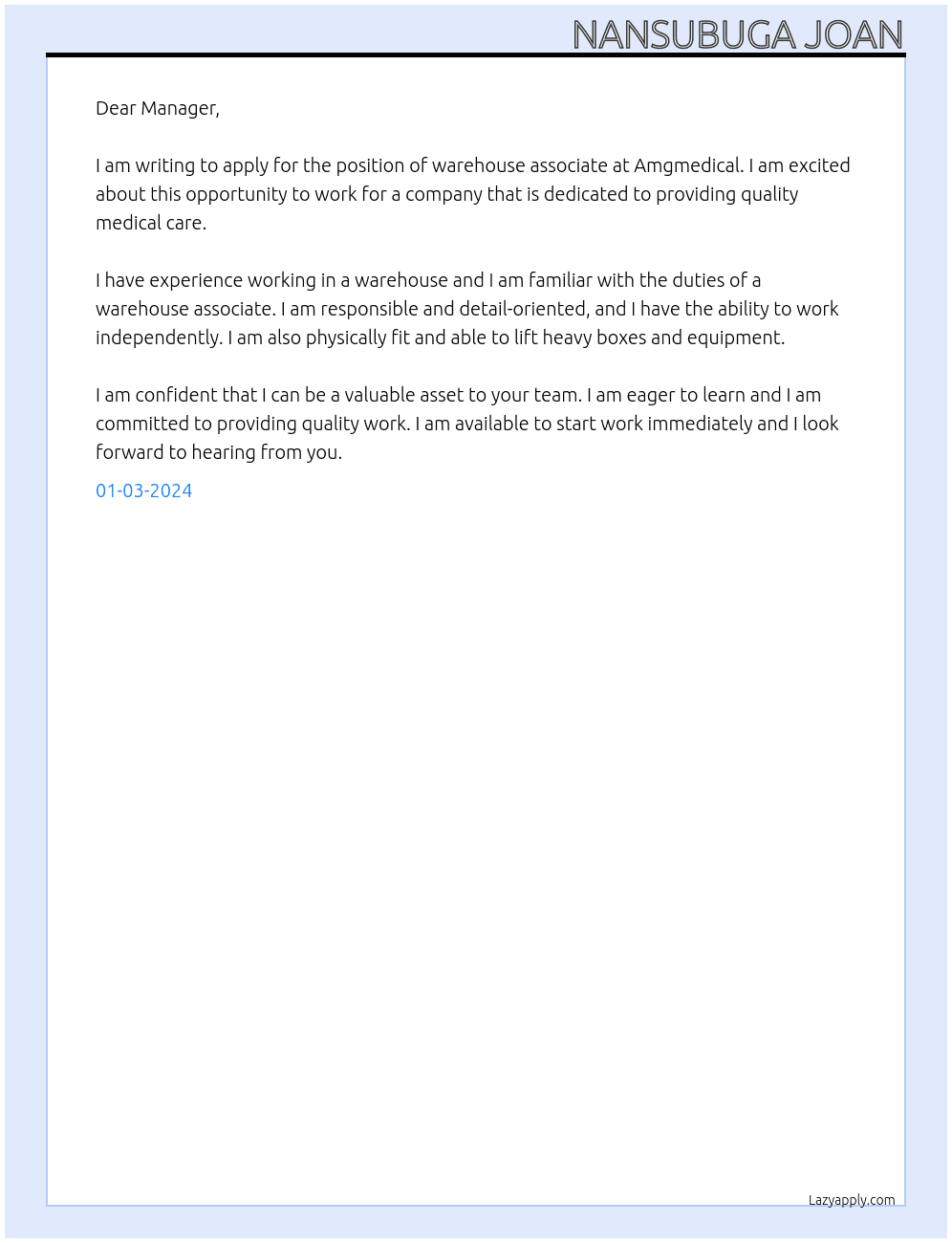 Warehouse associate At Amgmedical Cover Letter
