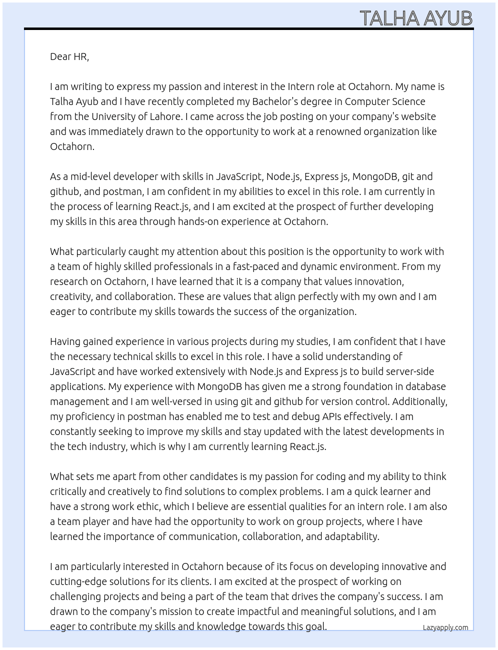 Intern  At Octahorn Cover Letter