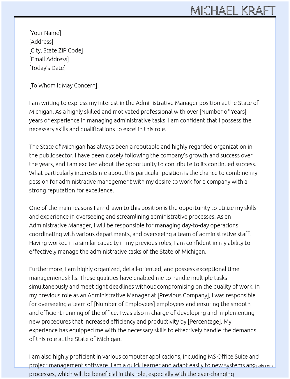 Administrative Manager At State of Michigan Cover Letter