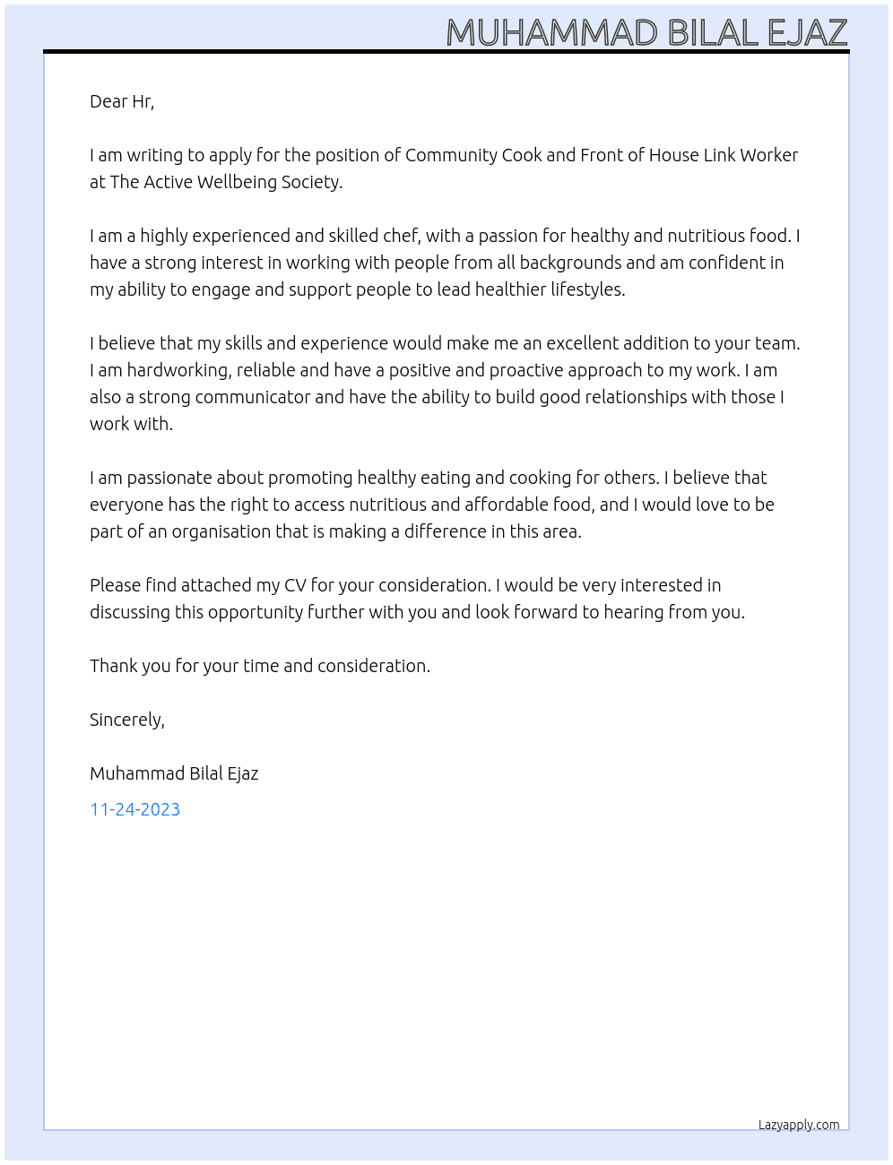 Community Cook and Front of House Link Worker At The active wellBieng  Cover Letter
