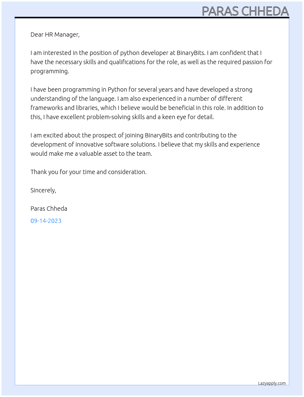 python developer At BinaryBits Cover Letter