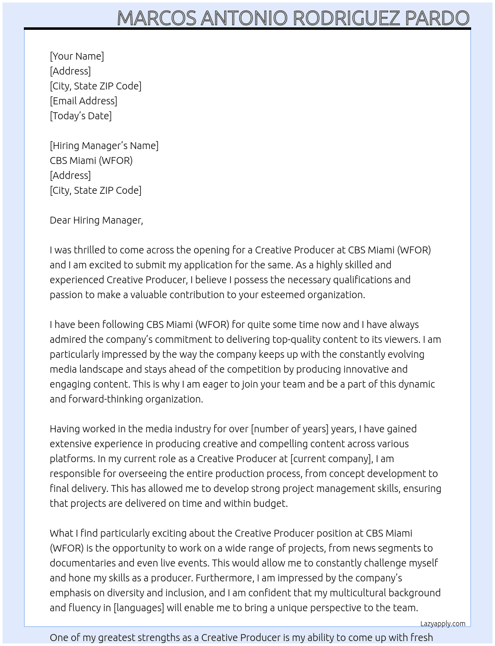 Creative Producer At CBS Miami (WFOR) Cover Letter