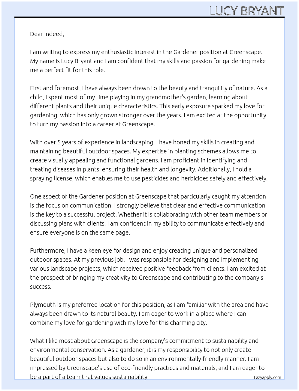 Gardener  At Greenscape Cover Letter