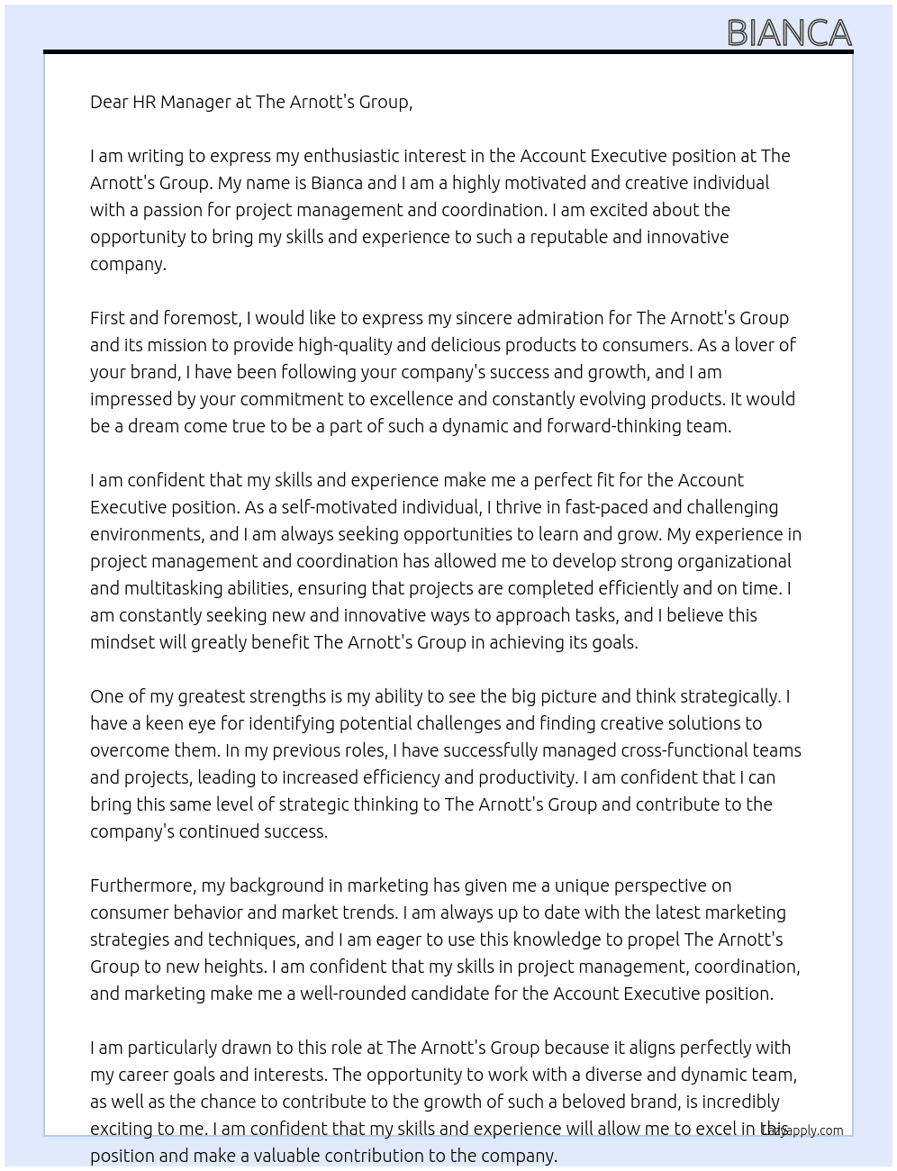 Account Executive At The Arnott's Group Cover Letter