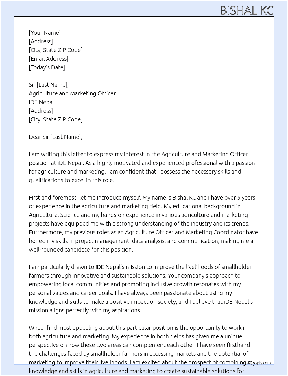 Agriculture and Marketing Officer At iDE Nepal Cover Letter