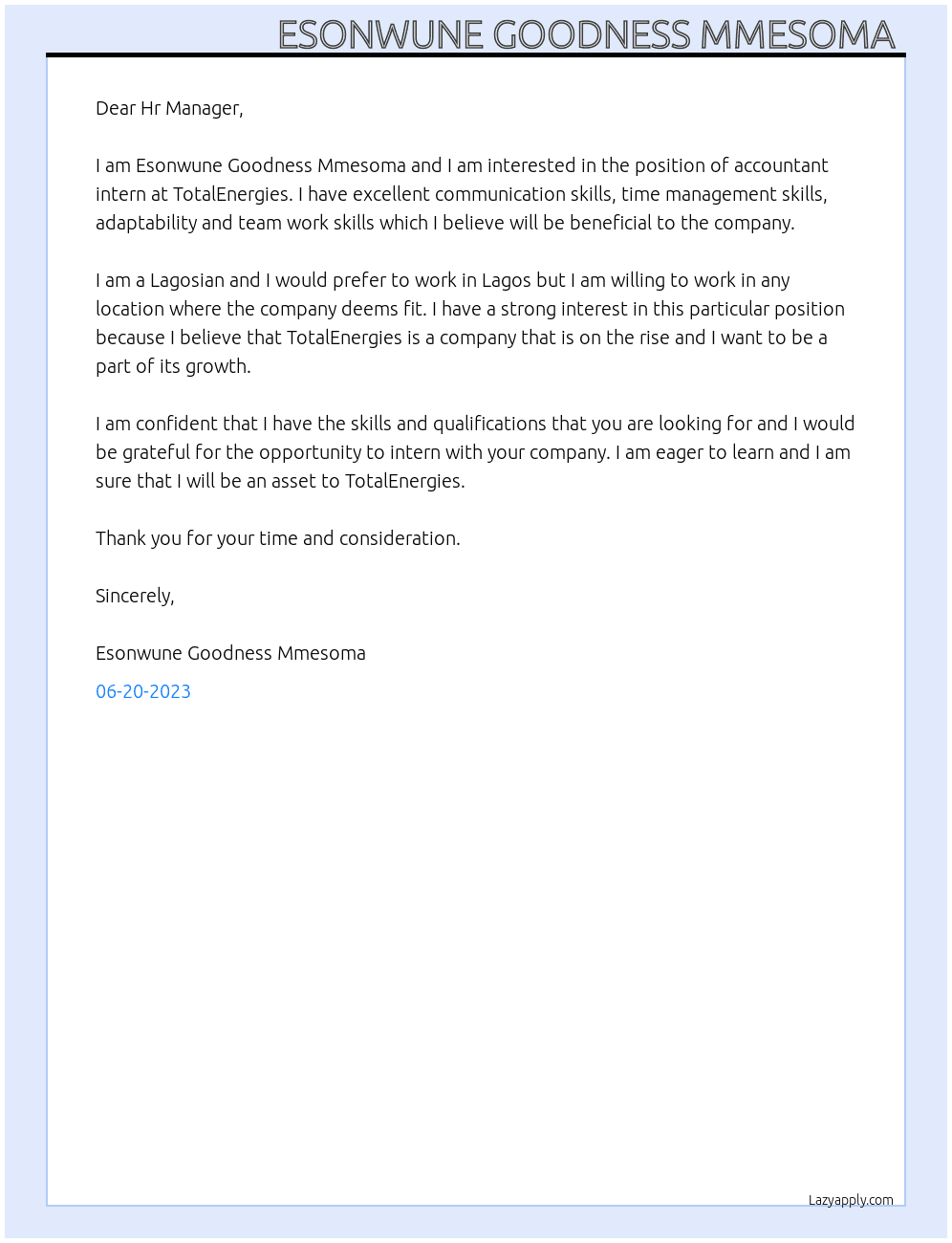 Accountant intern At TotalEnergies Cover Letter