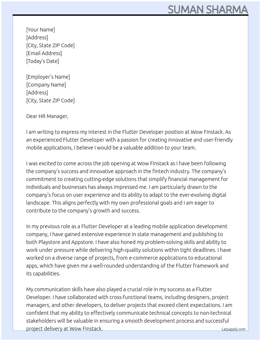 Flutter Developer At Wow Finstack Cover Letter