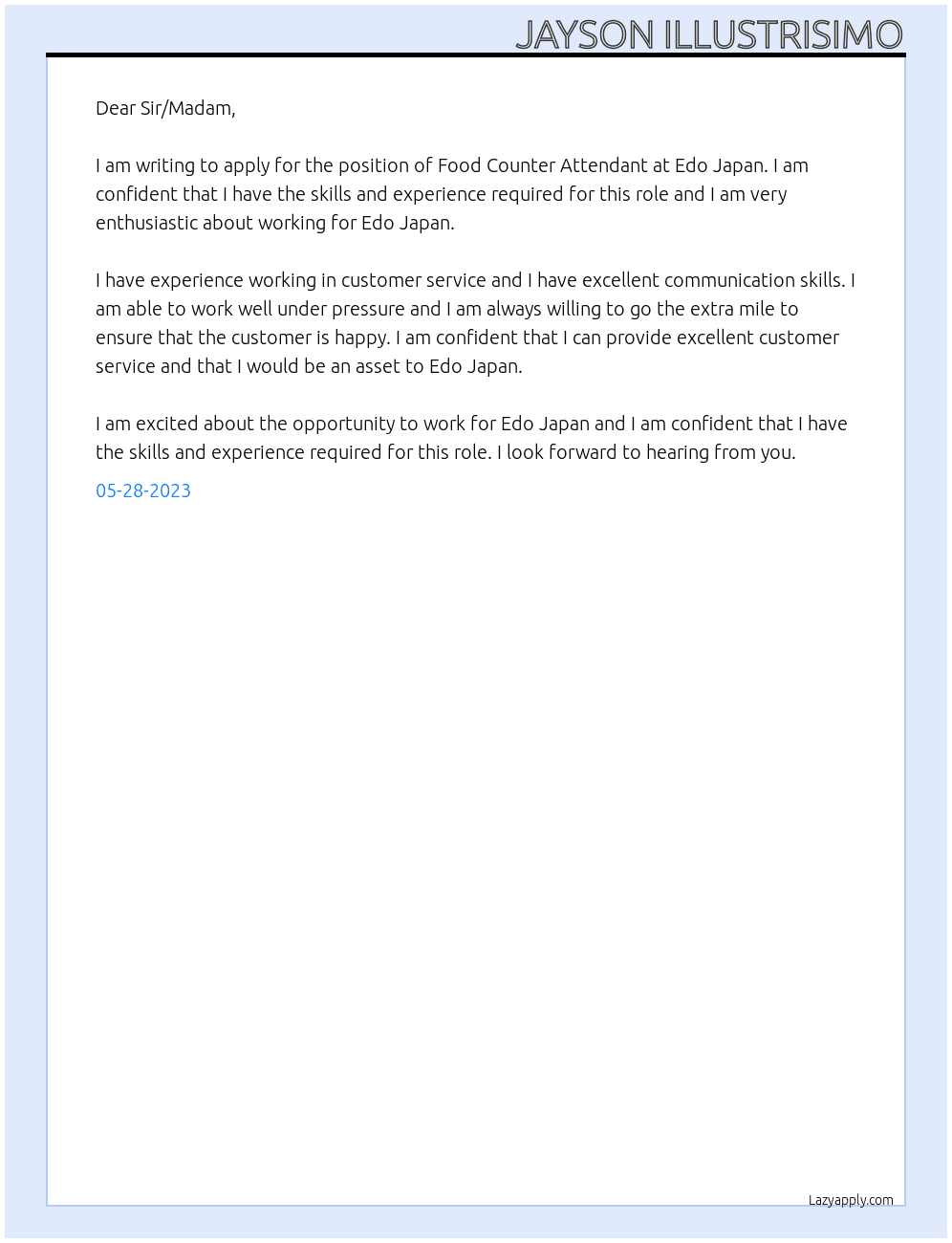 Food counter attendant At Edo Japan Cover Letter