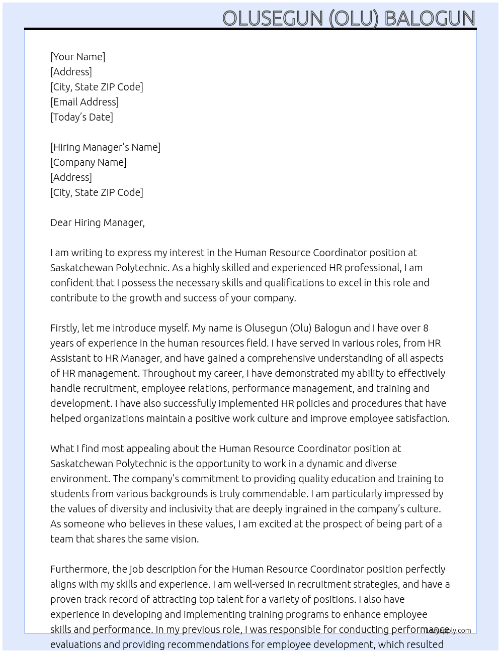 Human Resource Coordinator At Saskatchewan Polytechnic Cover Letter