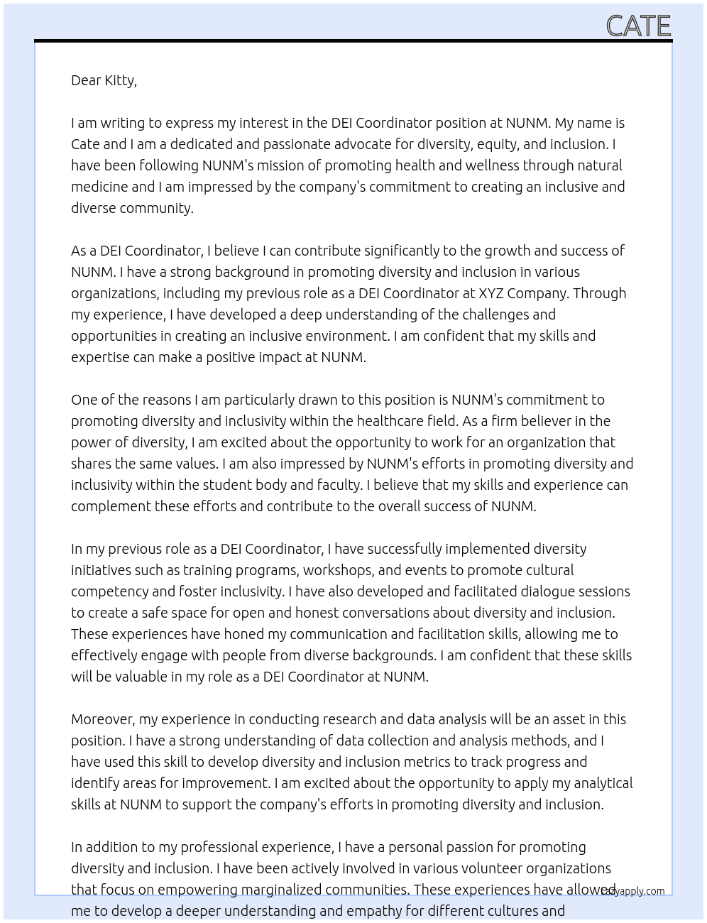 DEI Coordinator At NUNM Cover Letter