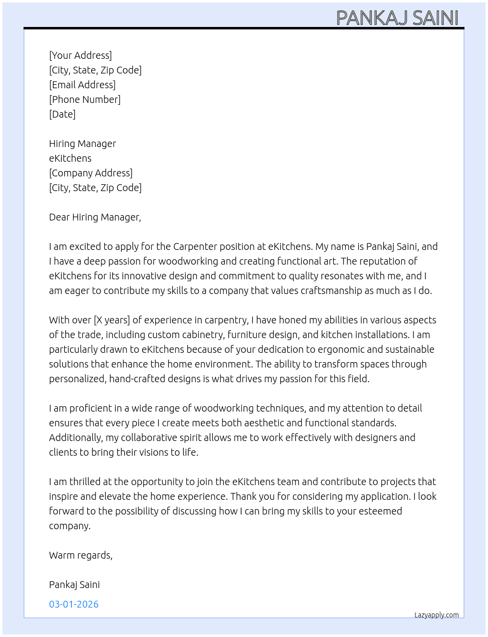 Cover letter for carpenter work - LazyApply