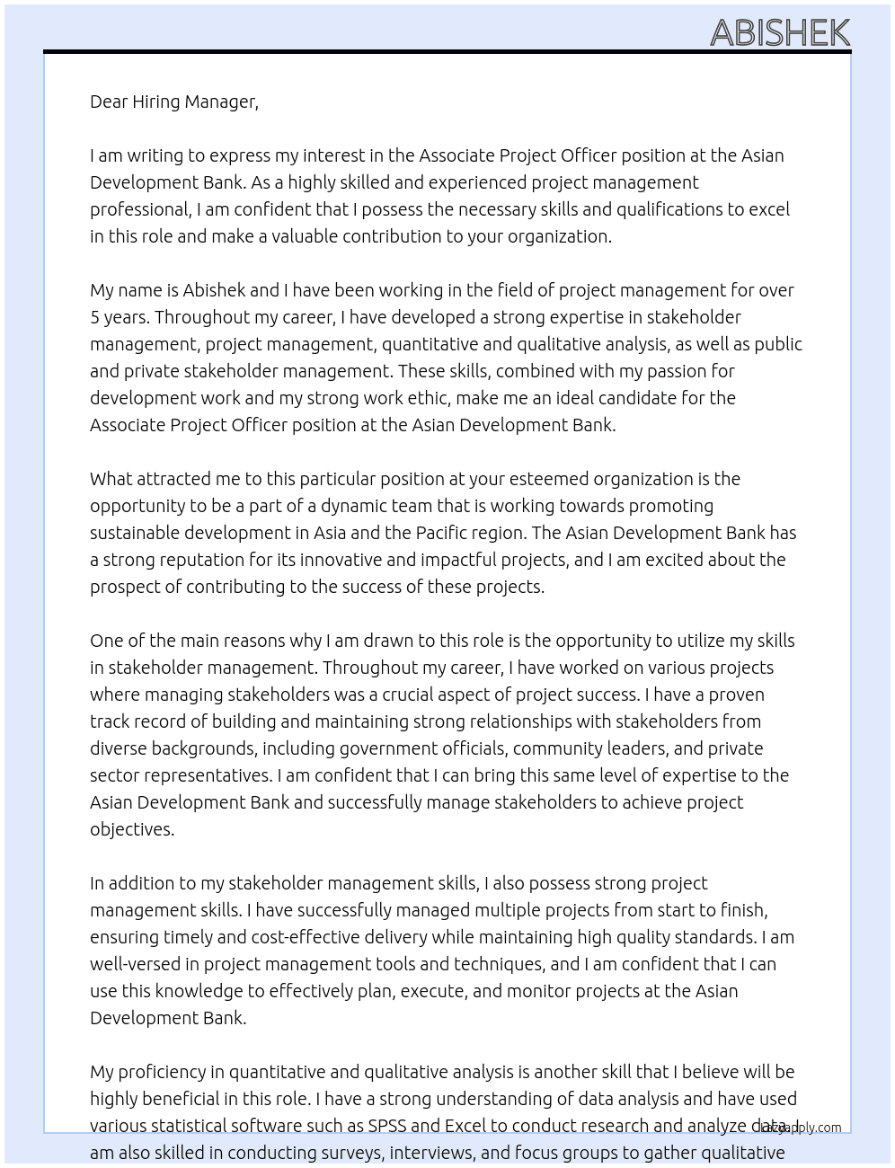 Associate Project Officer At Asian Development Bank Cover Letter