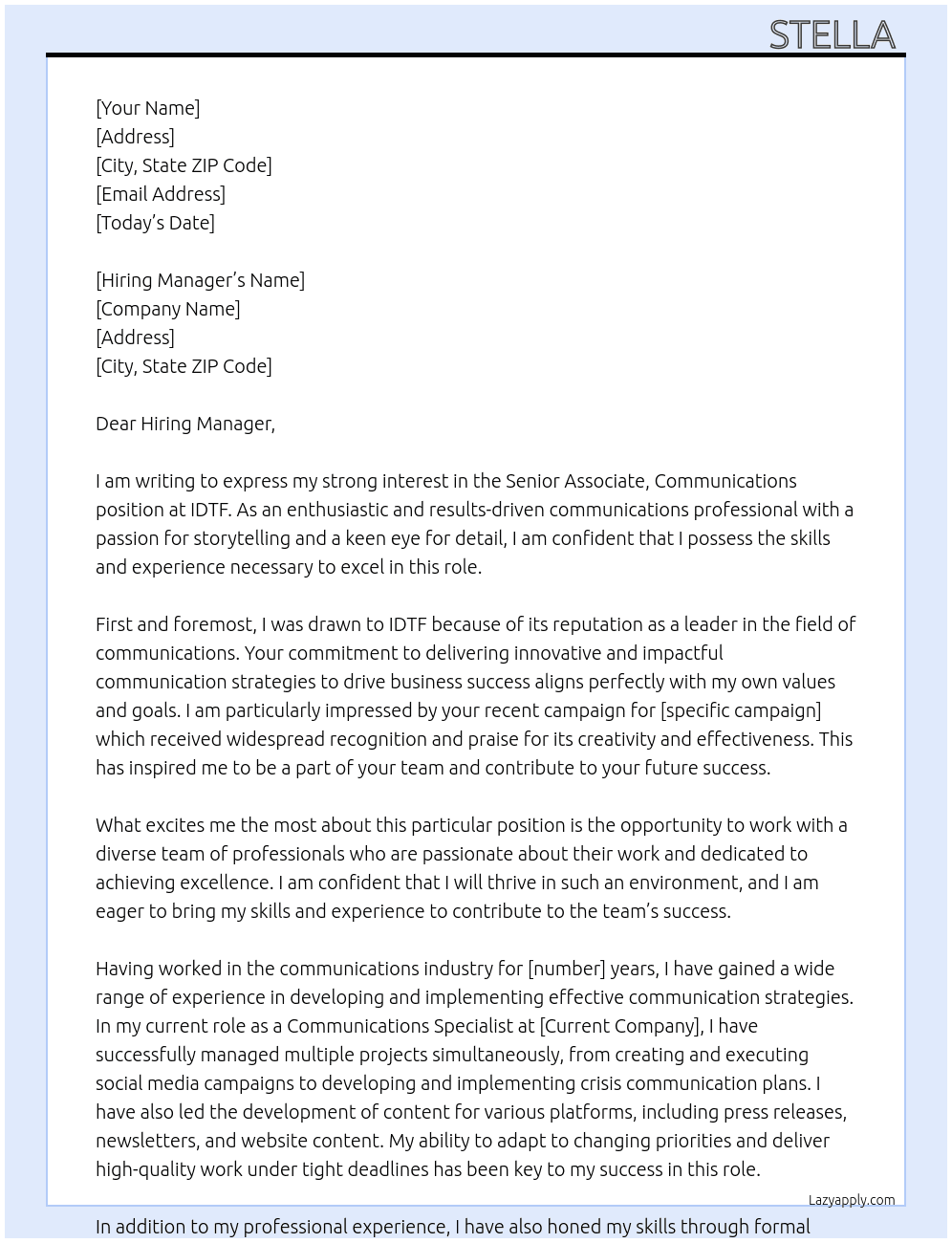 Senior Associate, Communications  At IDTF Cover Letter