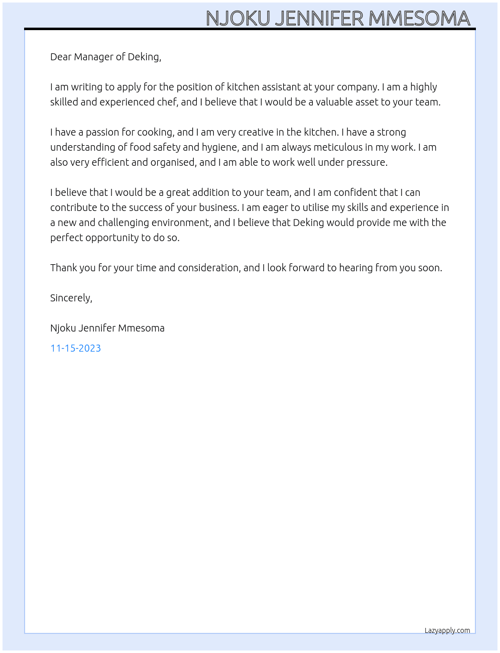  Kitchen assistant  At Deking Cover Letter