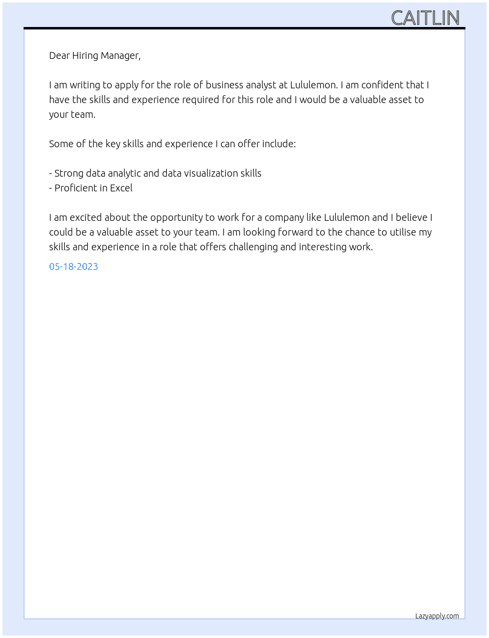 Business analysts  At Lululemon Cover Letter