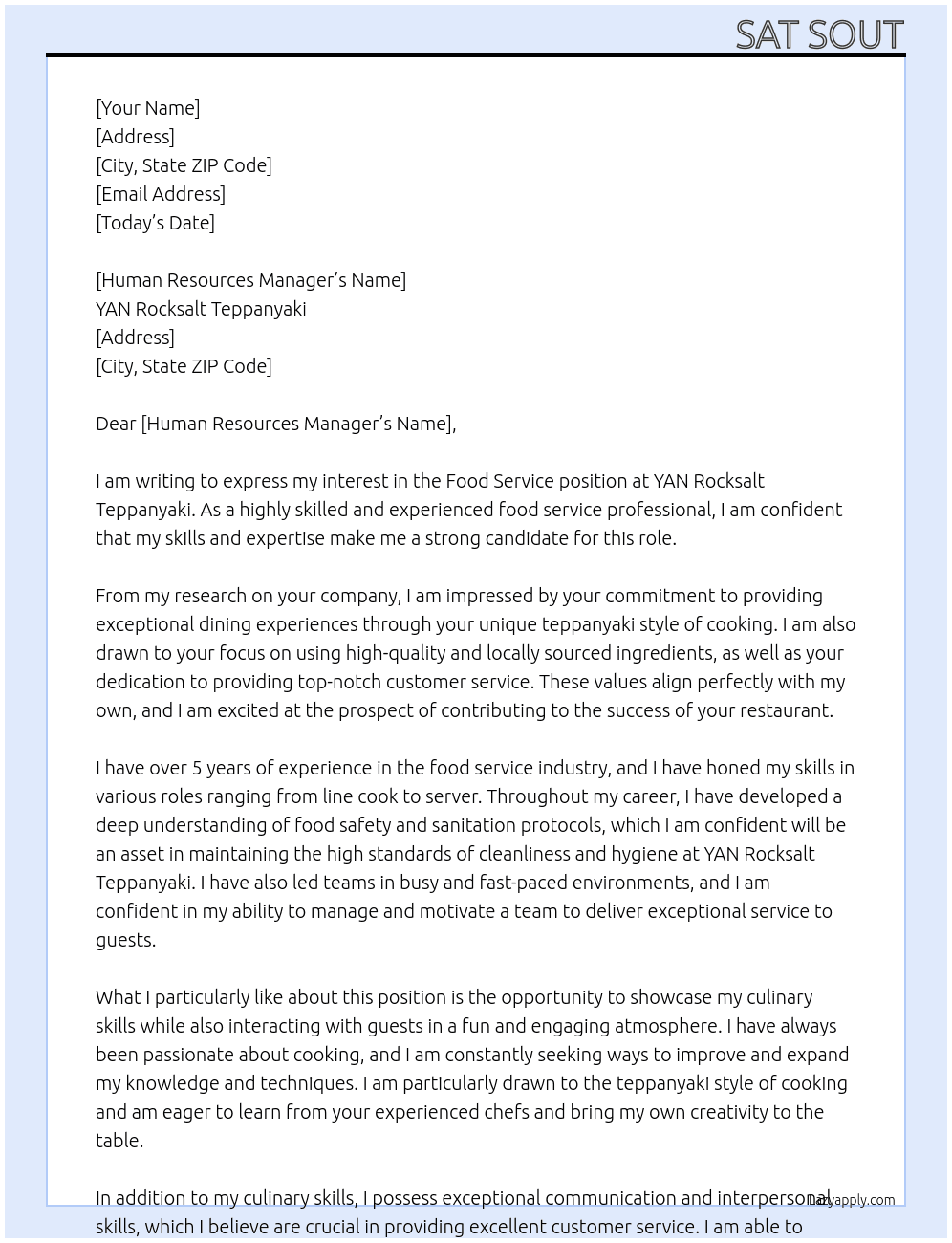 Food service  At YAN Rocksalt Teppanyaki  Cover Letter