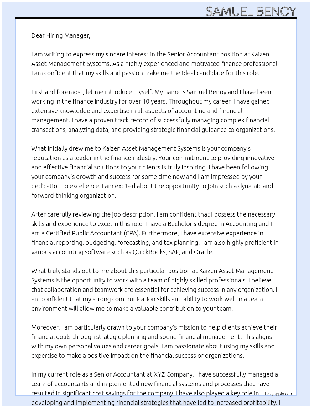 Senior Accountant At Kaizen Asset Management Systems Cover Letter