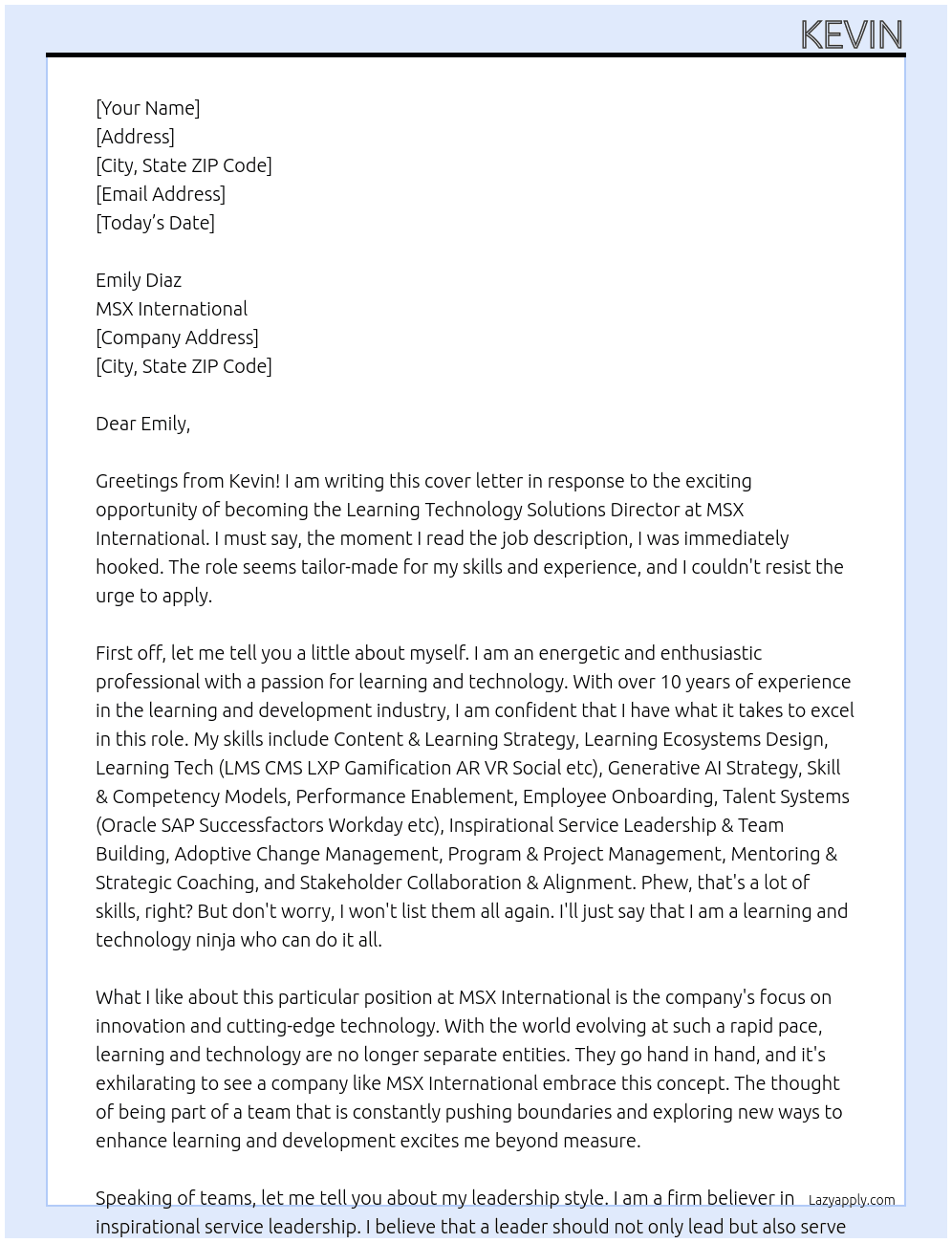 Learning Technology Solutions Director At MSX International Cover Letter