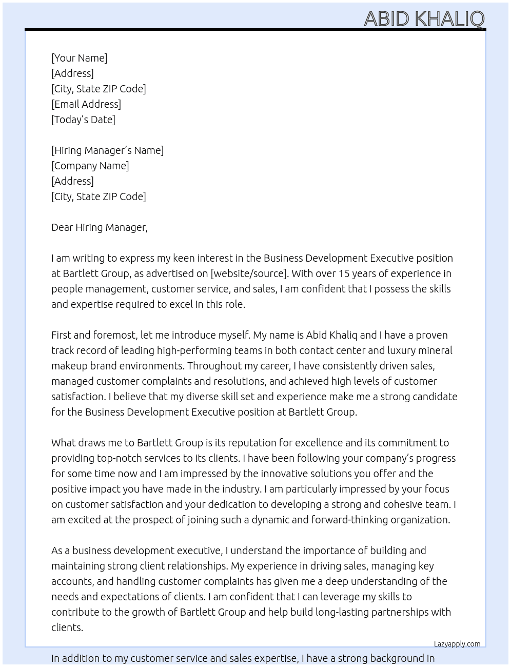 Business Development Executive  At Bartlett Group Cover Letter