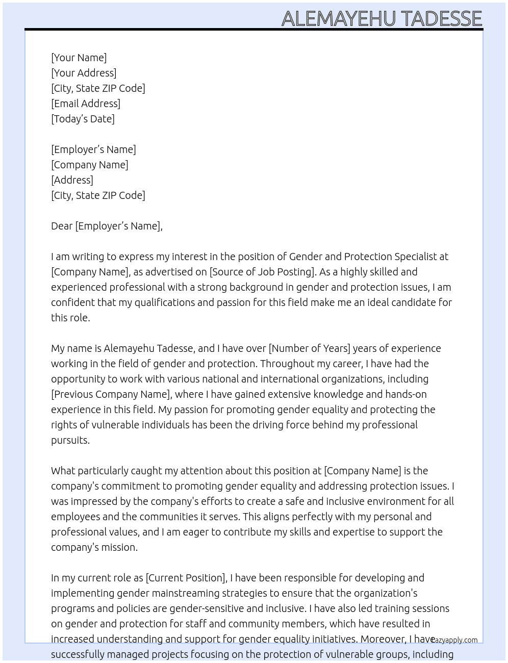 GENDER AND PROTECTION SPECIALIST At Alemayehu Tadesse Cover Letter