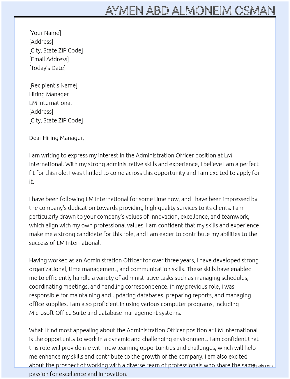 Administration Officer At LM International Cover Letter