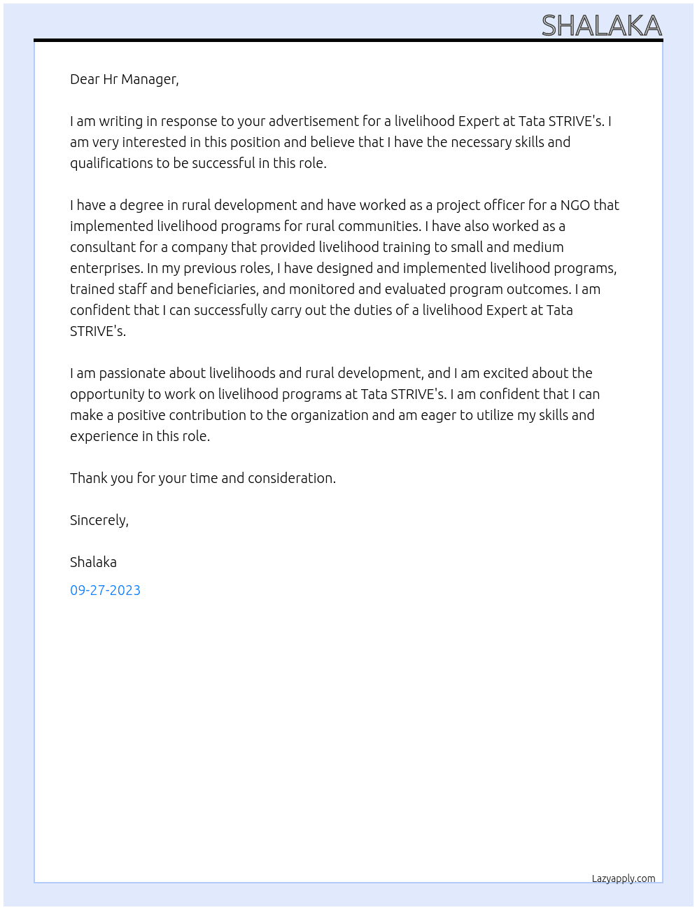 livelihood Expert At Tata STRIVE's Cover Letter