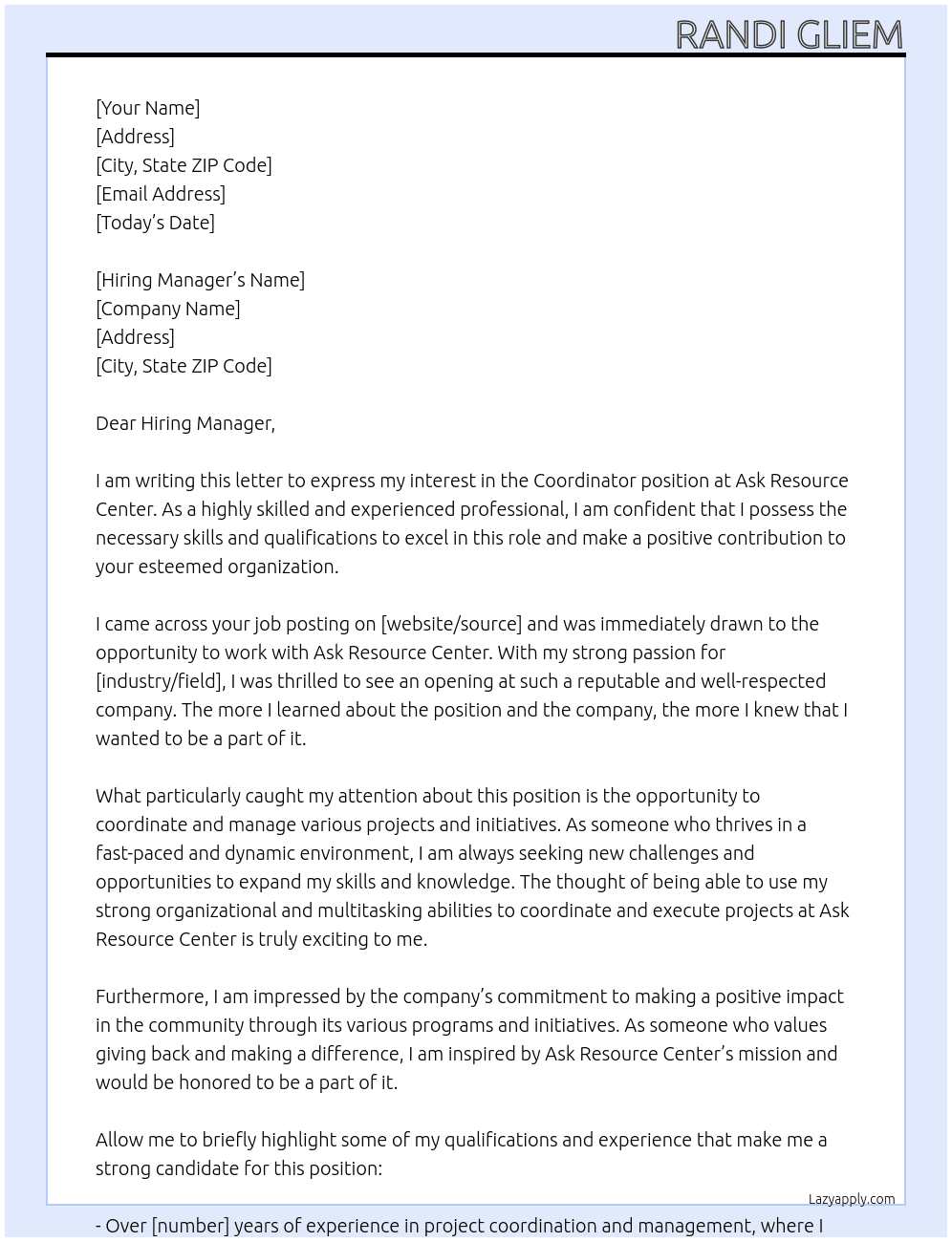 Coordinator At Ask Resource Center Cover Letter