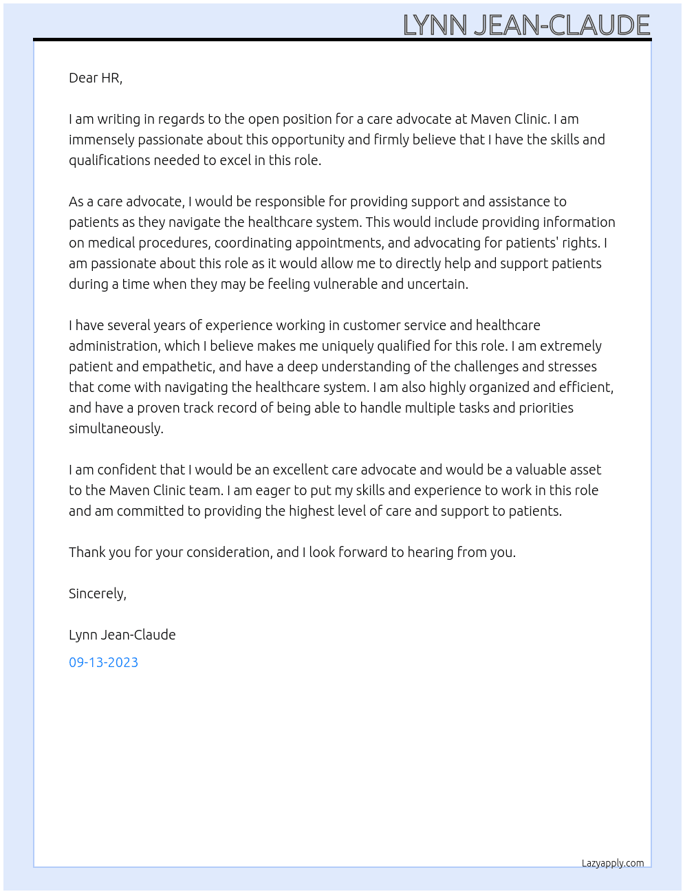 Care advocate At Maven Clinic Cover Letter