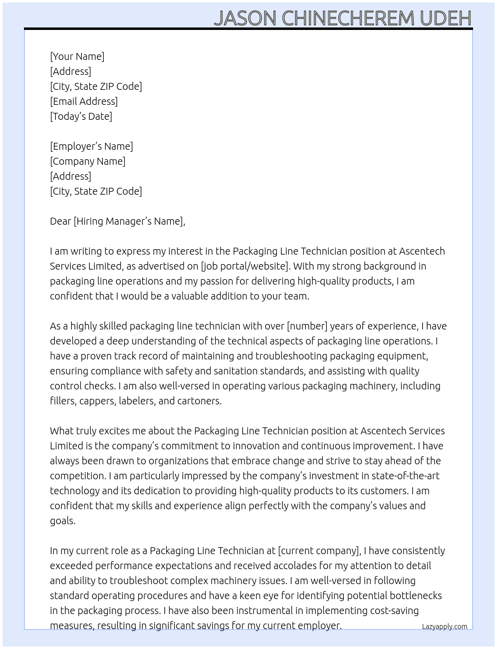Packaging Line Technician At Ascentech Services Limited Cover Letter