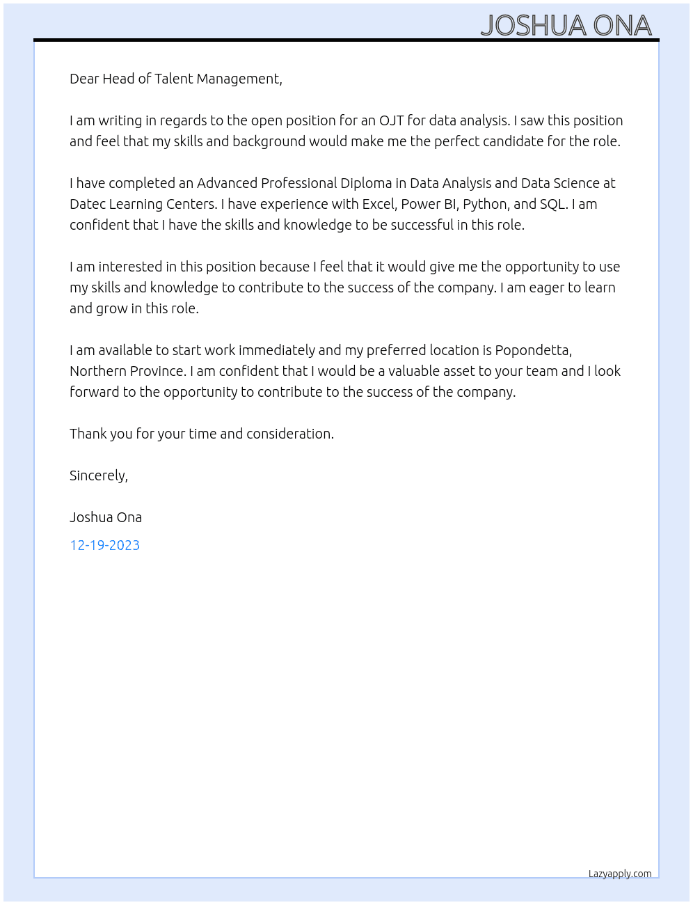 OJT for Data analysis  At Bank South Pacific  Cover Letter