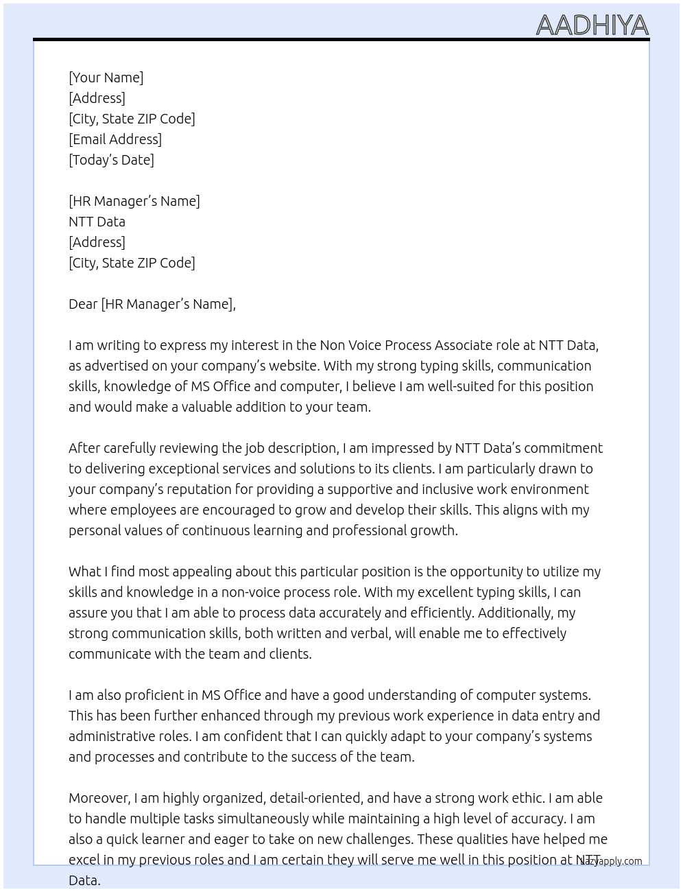 Non Voice Process  At Ntt Data  Cover Letter