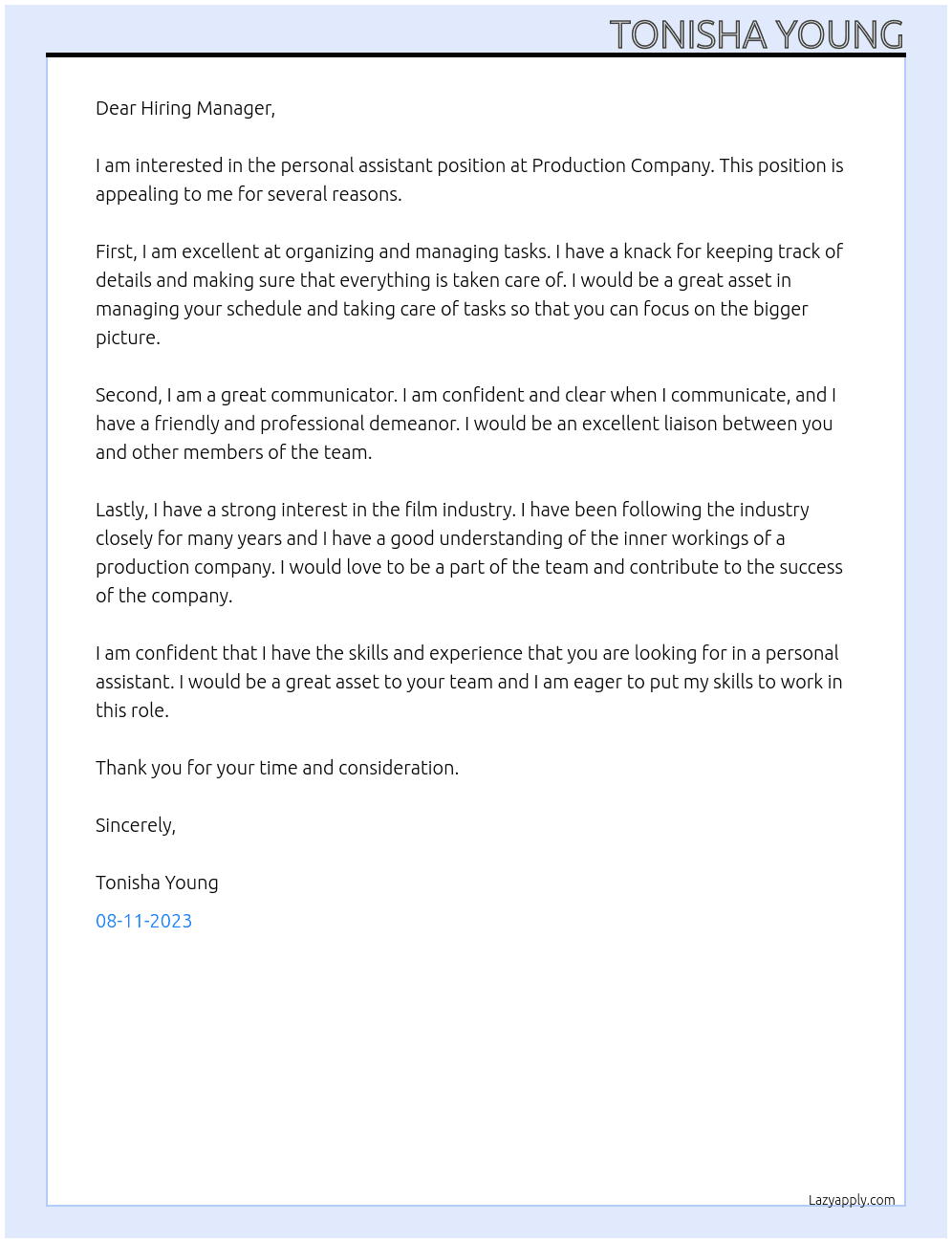 personal assistant  At Production Company  Cover Letter