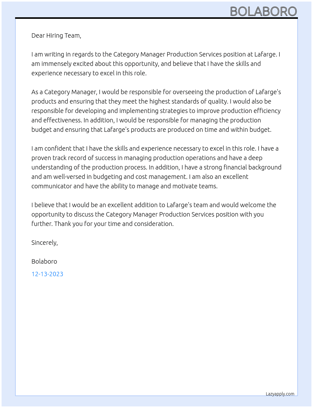 Category Manager Production Services At Lafarge Cover Letter