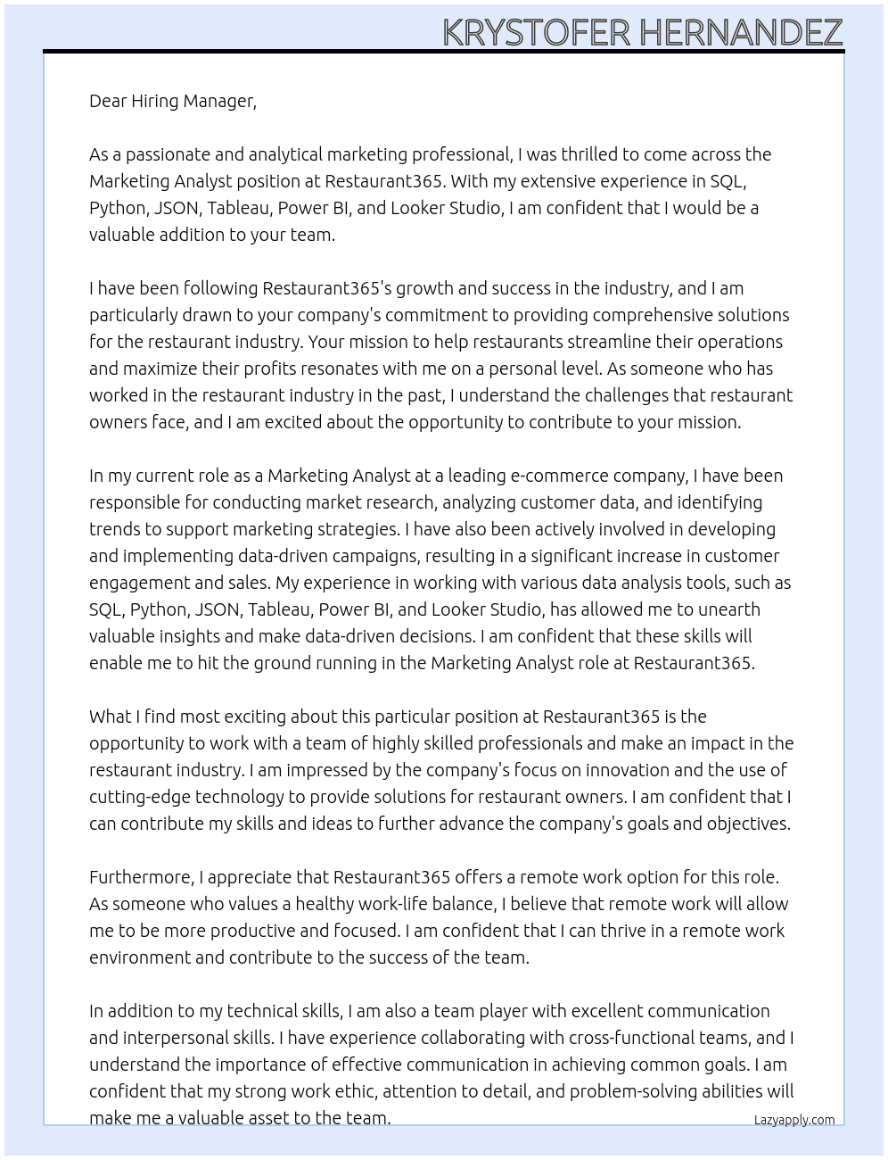 Marketing Analyst At Restaurant365  Cover Letter