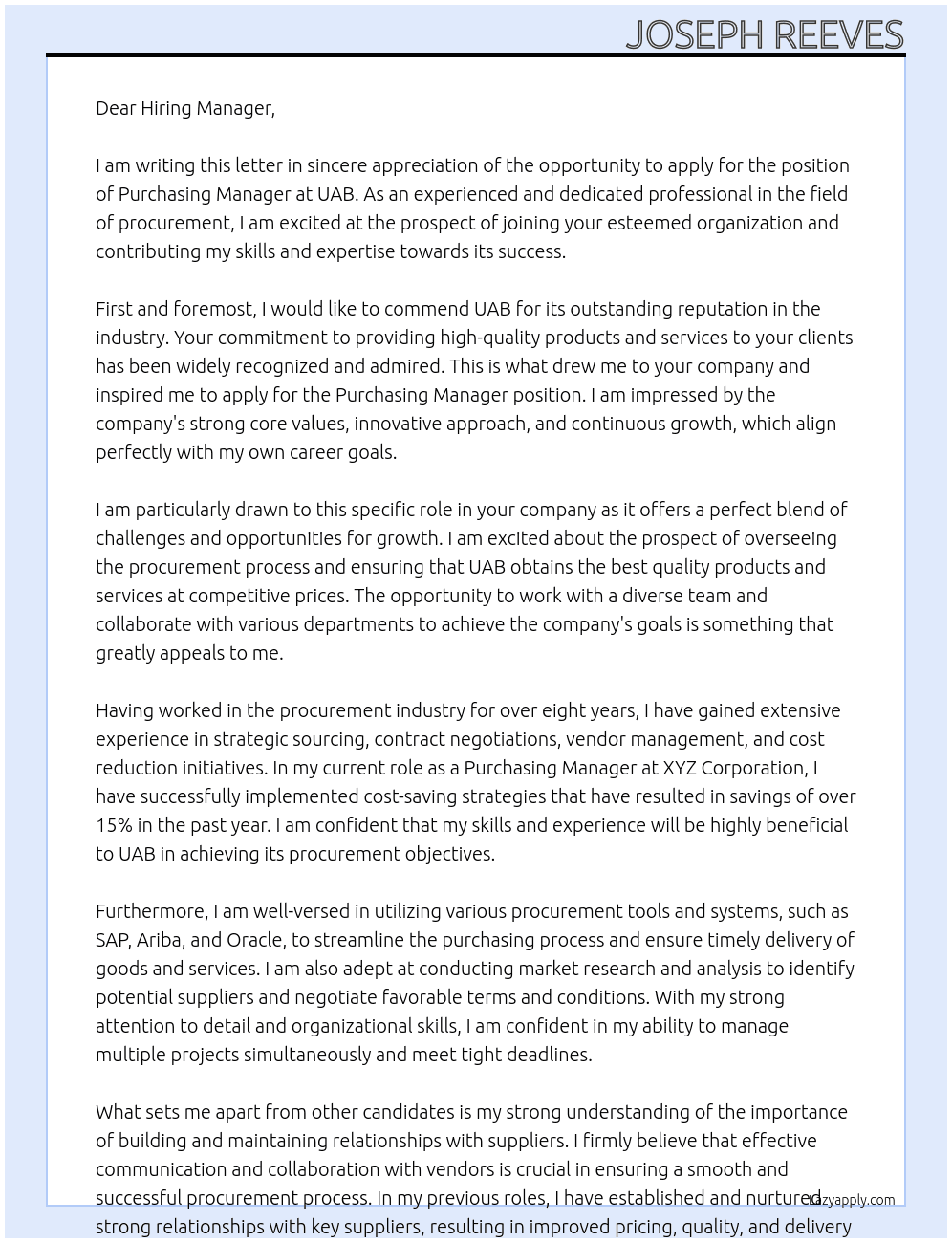 Purchasing Manager At UAB Cover Letter