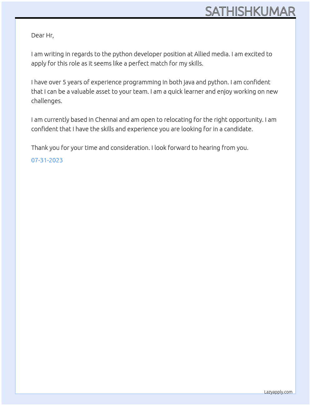 python developer At Allied media Cover Letter