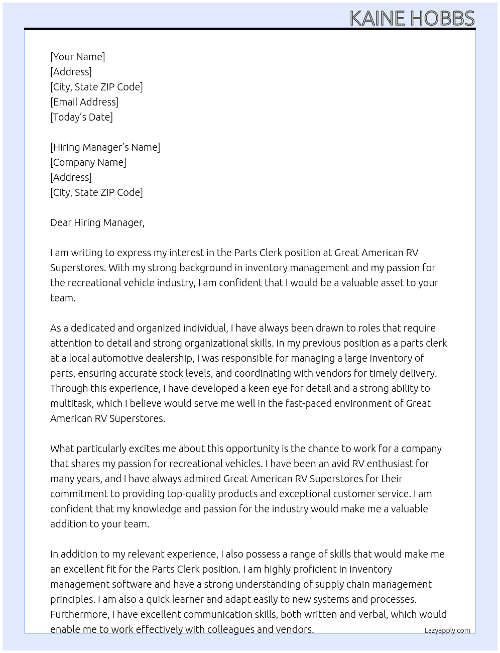 Parts Clerk At Great American RV Superstores Cover Letter