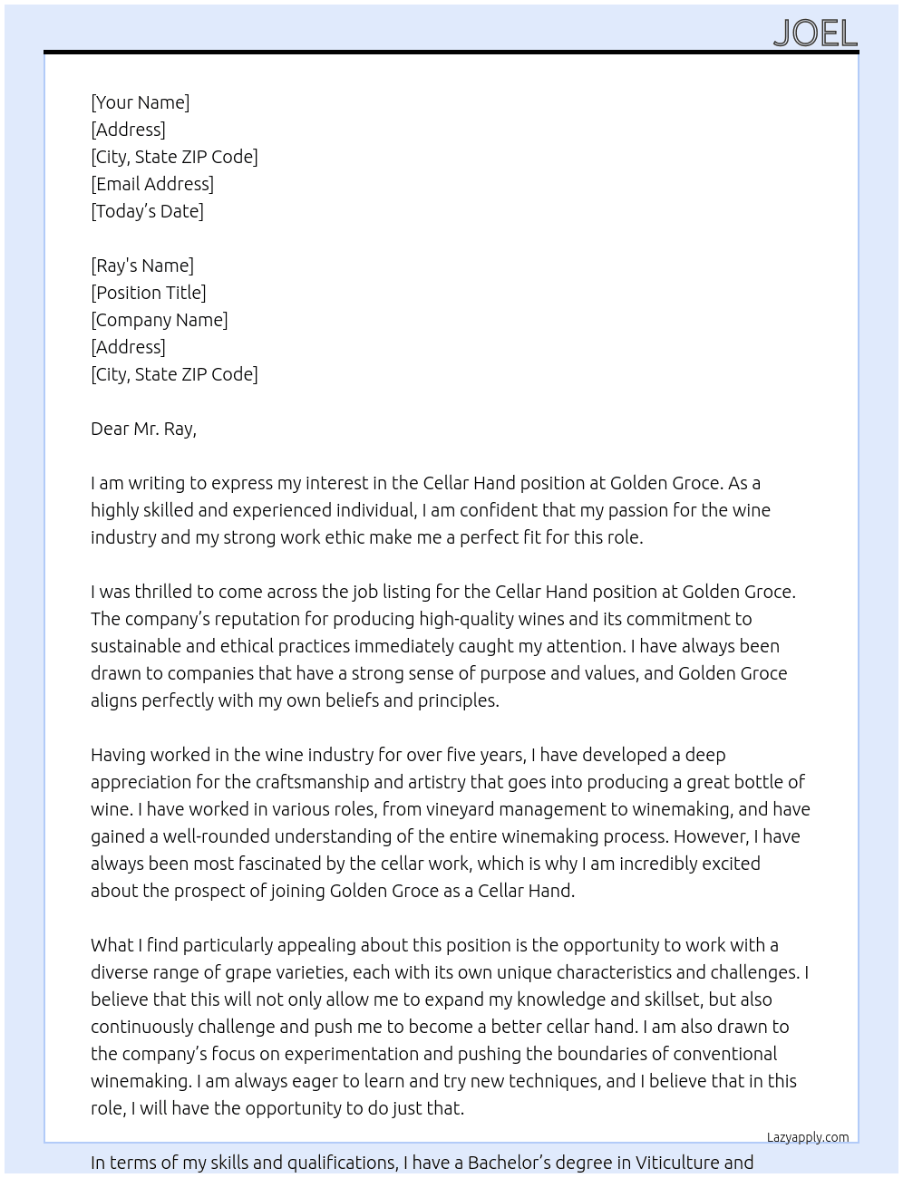 Cellar hand At Golden groce Cover Letter