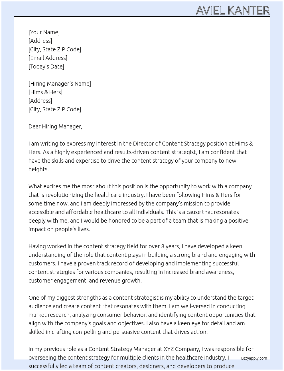 Director, Content Strategy At Hims & Hers Cover Letter