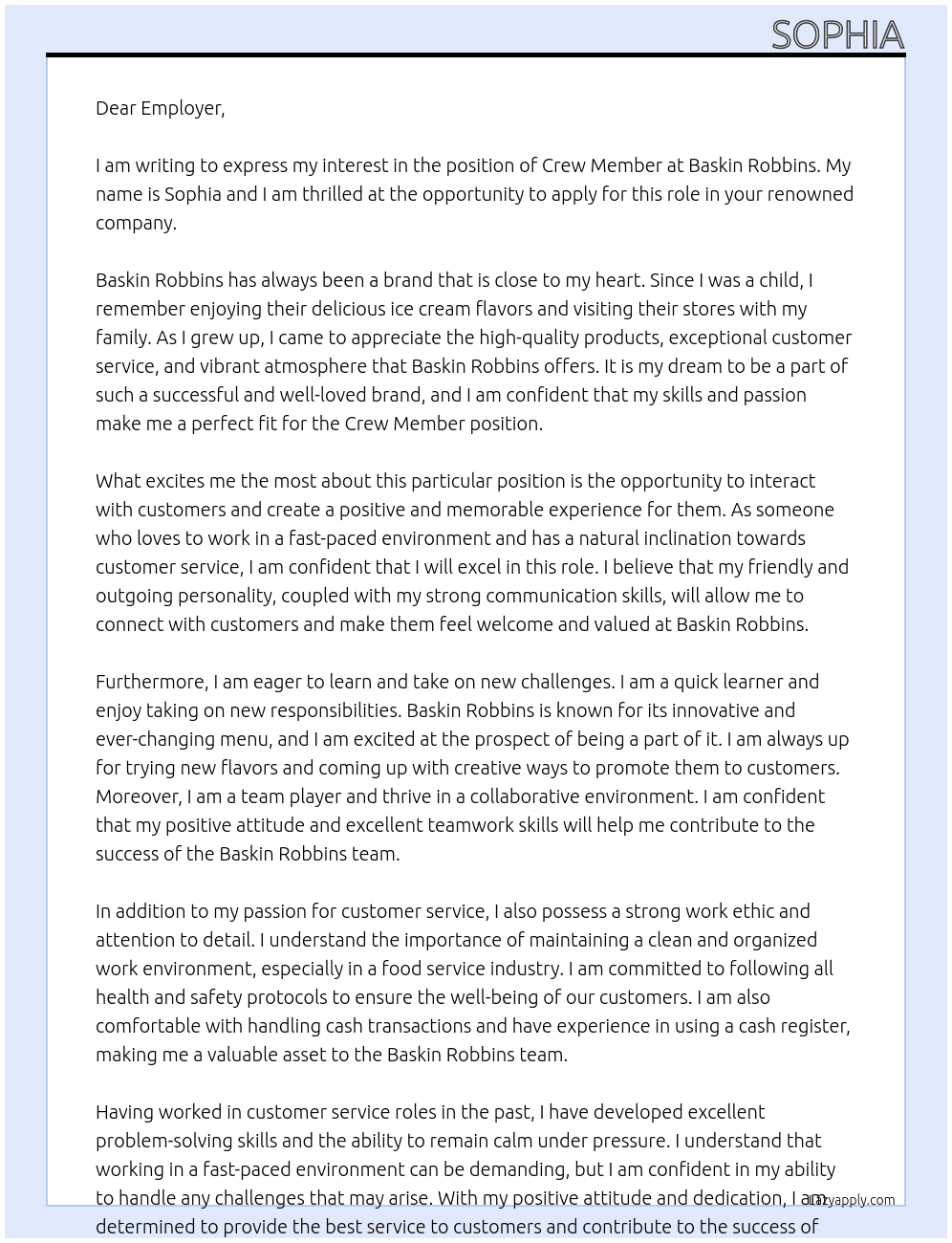 Crew member At Baskin Robbins Cover Letter