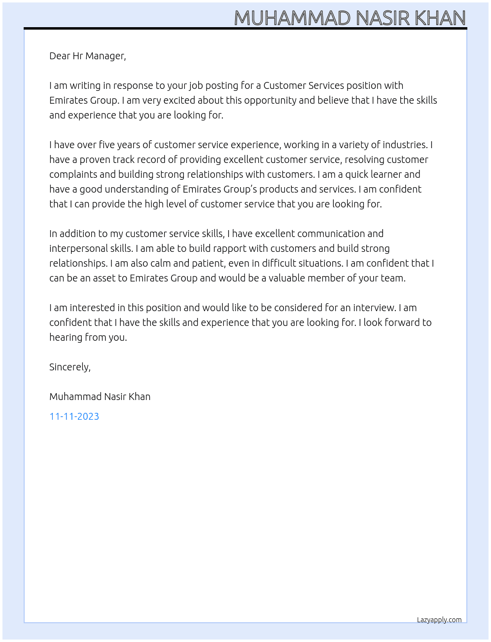Customer Services At Emirates Group Cover Letter