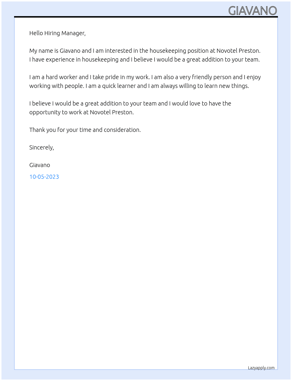 Housekeeper At Novotel Preston Cover Letter
