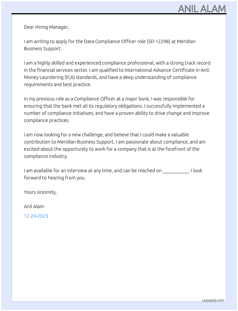 Data Compliance Officer (SD-12298) At Meridian Business Support Cover Letter