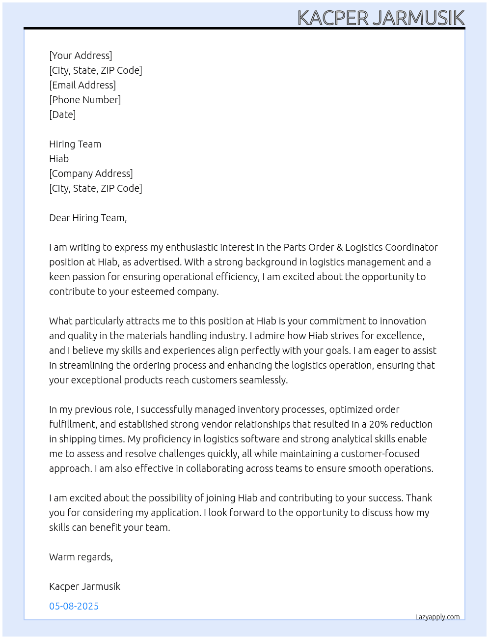 Parts Order & Logistics Coordinator.  At Hiab Cover Letter